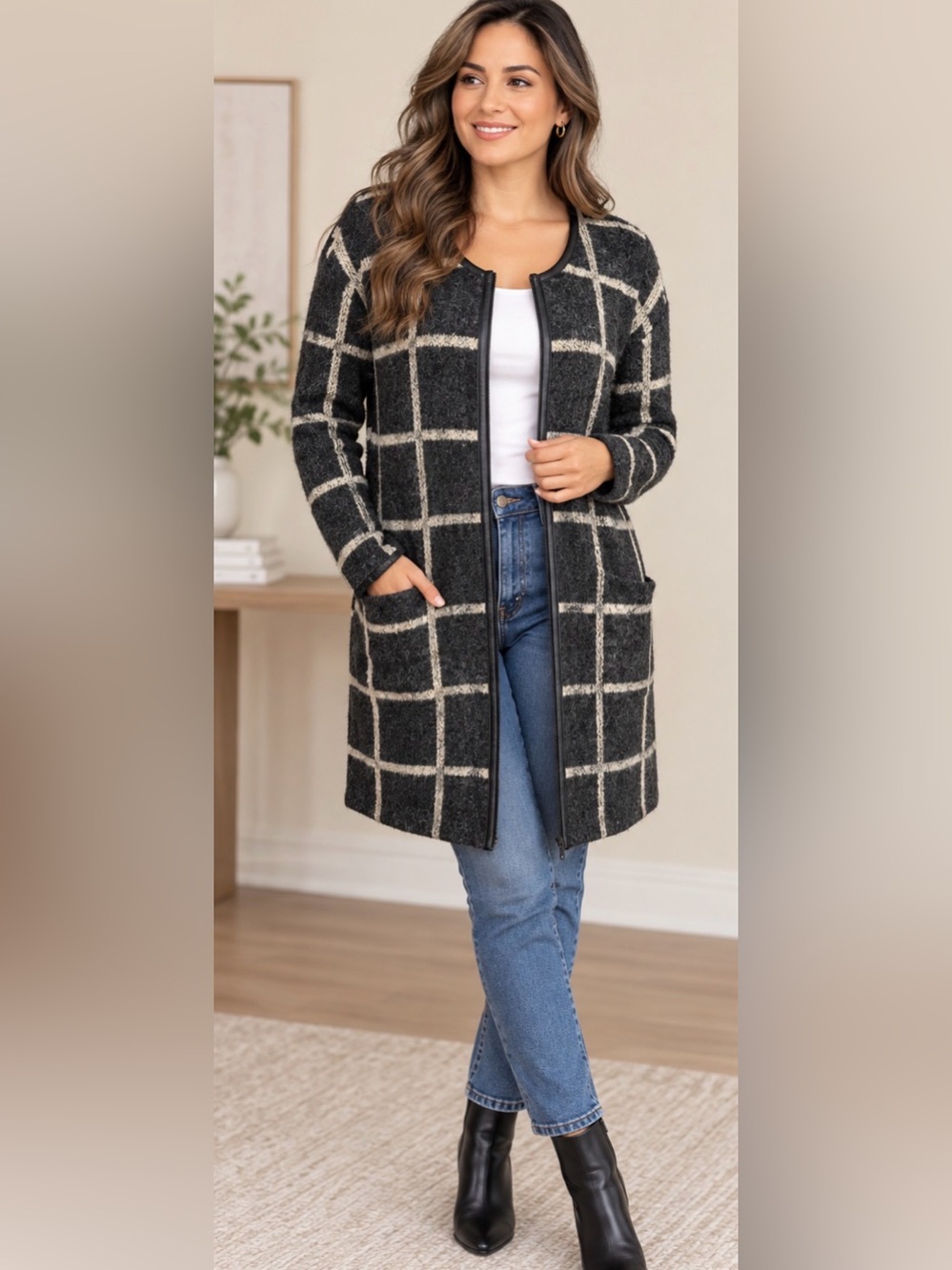 Sanctuary Long Coatigan Size L Black Cream Windowpane Plaid Fuzzy Knit Cardigan